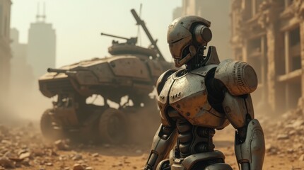 Fototapeta premium Rusty Humanoid Robot and Armored Combat Vehicle in Post-Apocalyptic Cityscape - 4K Detail