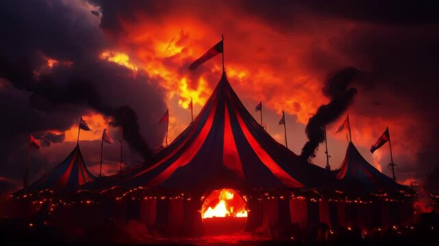 A fiery circus tent blazes under a stormy, dark sky, creating a dramatic and ominous scene. Perfect for fantasy, horror, and apocalyptic projects.. AI Generation