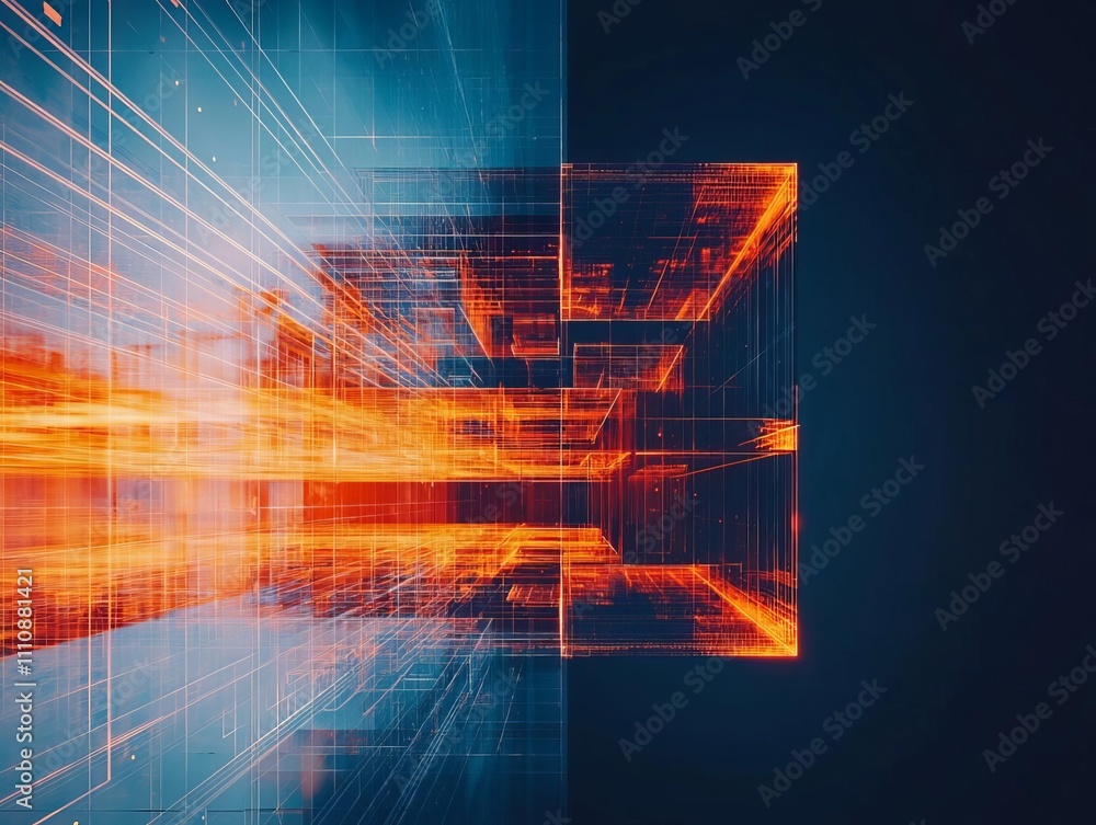 Poster abstract representation of digital technology with vibrant lines and glowing effects.