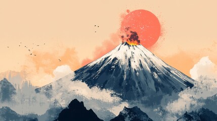 Majestic Volcano Erupting Against a Creative Sunrise with Dramatic Orange Sun and Silhouetted Mountains Capturing Nature's Power and Beauty