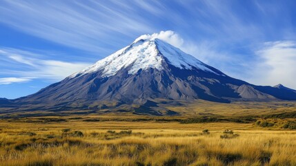 Majestic Snow-Capped Volcano Surrounded by Lush Greenery and Golden Grassland Under a Clear Blue Sky, Ideal for Nature and Landscape Photography