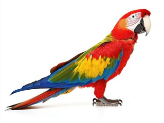 Fototapeta premium A vibrant scarlet macaw with bright red, yellow, and blue feathers, showcasing its striking plumage and distinctive beak.