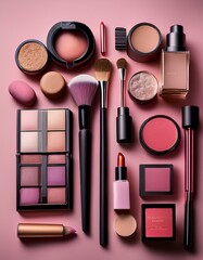 Various makeup items such as brushes, eyeshadow, lipstick, and mascara arranged on a pink background