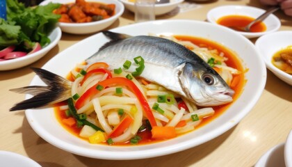 Steamed fish with vegetables on a white plate.