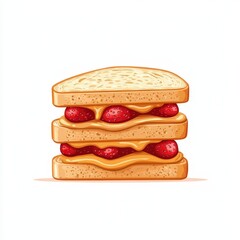 Delicious Peanut Butter and Strawberry Jam Sandwich Stacked with Bread Slices and Fresh Fruit