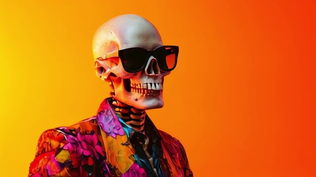 A skeleton wearing a colorful floral jacket and sunglasses poses against an orange background. Perfect for Halloween, fashion, and quirky projects.. AI Generation