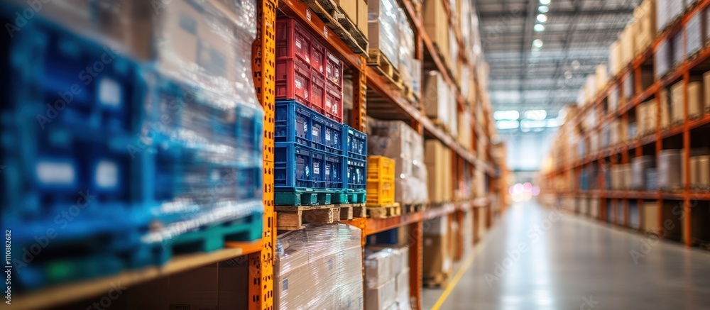 Poster rows of stacked boxes and crates on shelves in a large warehouse.