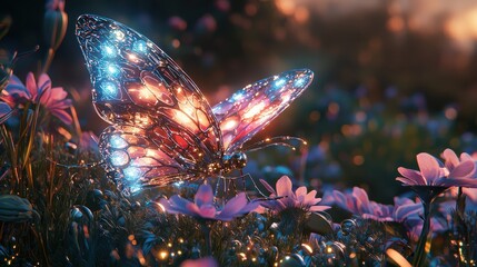 A glowing robotic butterfly resting on a metallic flower in a high-tech meadow. Its intricate holographic wings flutter softly, blending art and technology. The serene atmosphere highlights 