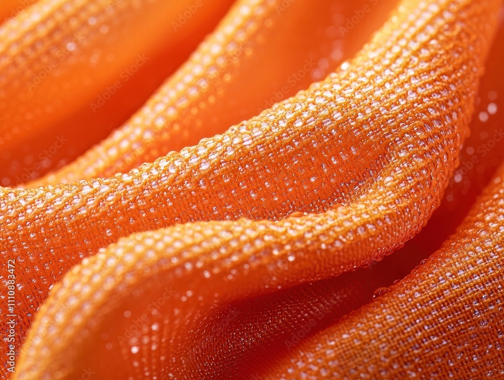 Poster A close-up of vibrant orange fabric with a textured surface, showcasing its softness and intricate weave.