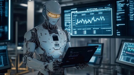 3D rendering of a humanoid robot analyzing a stock market chart with trading charts. Concept of artificial intelligence in financial markets, neon lighting, copy space.
