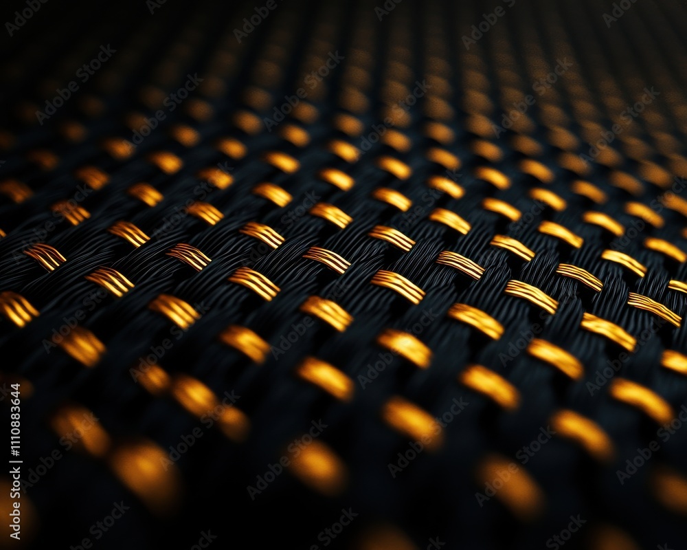 Poster a close-up view of a textured fabric featuring a pattern of woven strands in dark colors and metalli