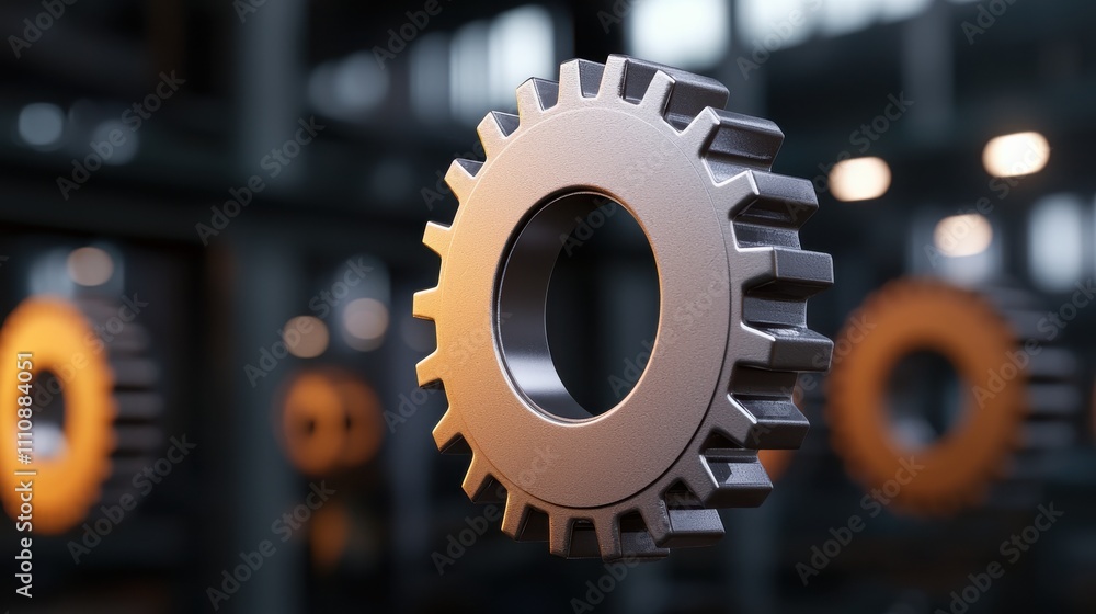 Poster A metallic gear floats in a modern environment, highlighting its intricate design against a blurred background of similar gears.