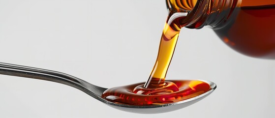 A close-up shows a hand using a spoon to pour cough syrup from a bottle in order to take medication against a clean white background in a studio, Generative AI.