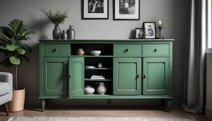 Wood sideboard in green living room with copy space