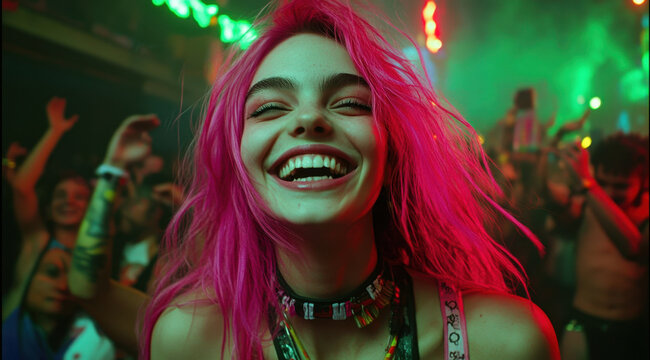 Cinematic still of a happy girl with pink hair in the crowd at an underground rave, with red and green lights, an energetic, hard-partying atmosphere, and an excited expression on her face
