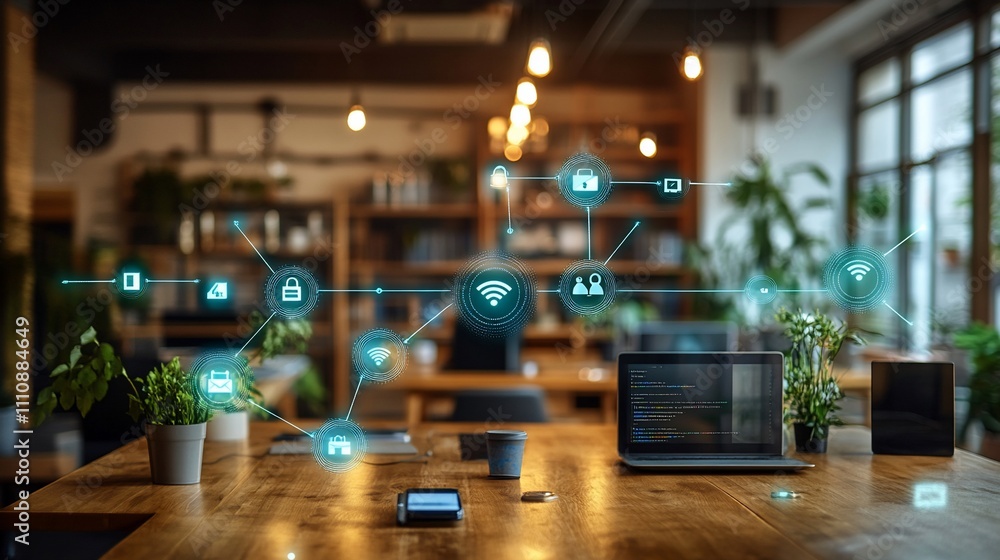 Poster smart office workspace with iot network overlay.