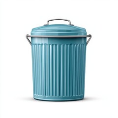 Stylized Vintage Blue Trash Can with Ribbed Design on a Pure White Background for Home Decor