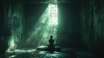 Fototapeta premium A solitary figure meditates in a dimly lit, abandoned room, illuminated by soft light.