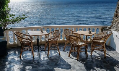 Obraz premium Empty tables in a restaurant by the sea, perfect for scenic and coastal dining photography, Generative Ai 