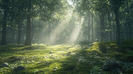 Obraz premium A peaceful forest glade with sunlight streaming through the canopy, casting dappled light on the mossy ground. Soft greens and browns create a natural and calming atmosphere. Perfect for tranquil 