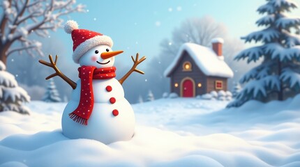 Fototapeta premium Cheerful snowman in a snowy winter landscape, with a cozy cottage in the background, festive and heartwarming
