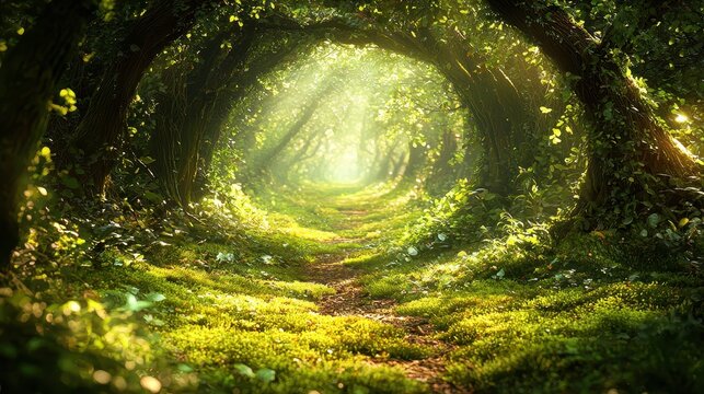 A peaceful forest glade with sunlight streaming through the canopy, casting dappled light on the mossy ground. Soft greens and browns create a natural and calming atmosphere. Perfect for tranquil 