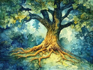 Fototapeta premium Capture a majestic Oak tree trunk in an enchanted forest setting using vibrant watercolors, showcasing graceful intertwining roots