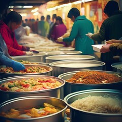 Free Food Distribution for Hunger Relief - Charity and Humanitarian Efforts Concept