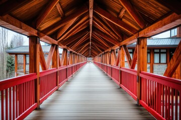 Wooden Covered Walkway With Red Railings