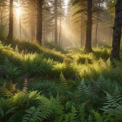 Naklejka premium A serene forest glade filled with ferns and wildflowers under the warmth of golden sunlight , wildflower blooms, peaceful forest glade, warm sunlight
