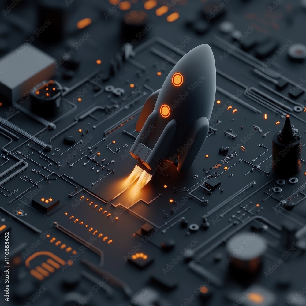 Poster futuristic rocket launching from circuit board with glowing elements in dark technology landscape, i