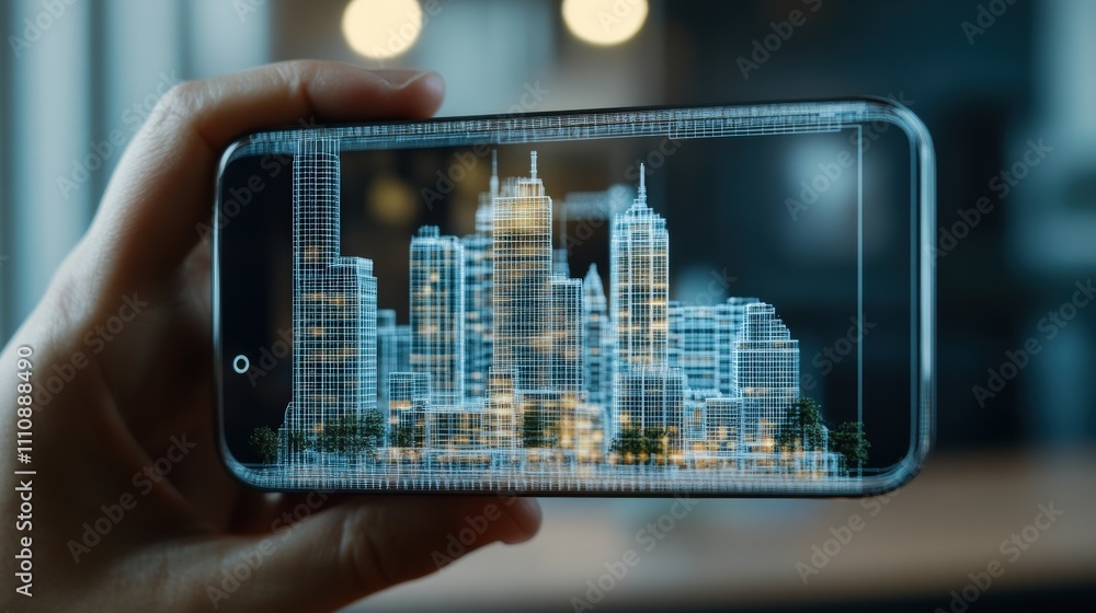 Poster hand holding smartphone displaying futuristic city skyline in holographic view, showcasing digital u