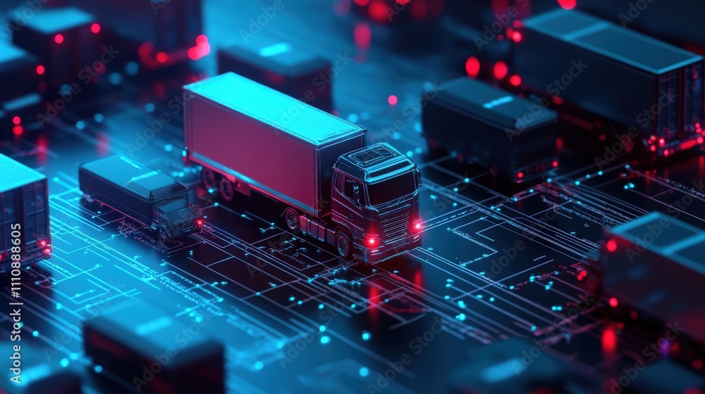 Poster futuristic transportation network with cybernetic trucks on a technological circuit board background