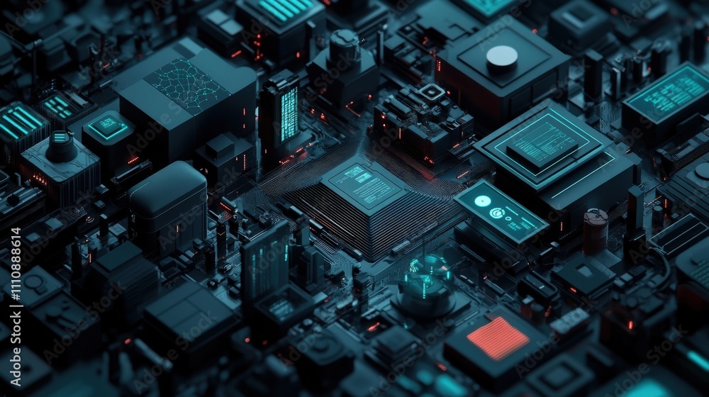 Poster Abstract Digital Circuit Board with Glowing Elements and High-Tech Components Depicting Modern Computer Technology and Electronics Design in a Dark Setting