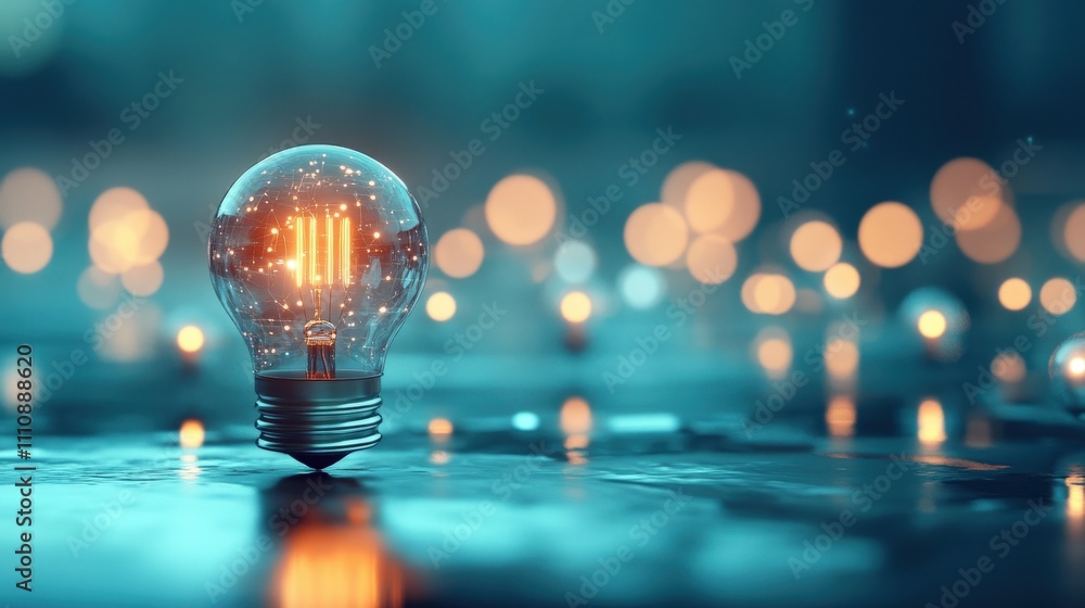 Poster Futuristic Light Bulb with Glowing Elements Reflecting Soft Bokeh Lights for Creative and Modern Atmosphere in Innovative Technology Concepts
