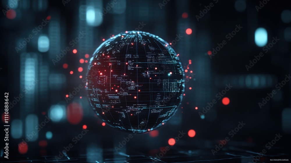 Leinwandbilder 3D Rendered Digital Globe with Data Points and Binary Code in Futuristic Technology Environment Representing Global Connectivity and Information Exchange