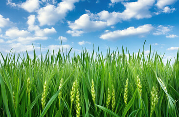 Lush green wheat field under a bright blue sky with fluffy clouds.