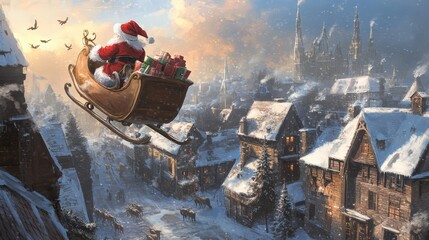 Santa Claus soaring above the rooftops in a snowy town, his sleigh filled with gifts and reindeer flying through the frosty air.