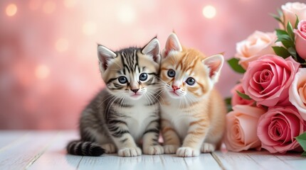 Two cute kittens cuddled up together on a wooden floor, with pink roses and a soft pink backdrop. Charming Valentine's Day pet portrait
