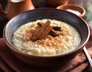 Traditional Norwegian rømmegrøt (sour cream porridge) with a sprinkle of cinnamon and sugar