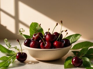 A bowl of fresh cherries with green leaves ready to be enjoyed in a kitchen setting.