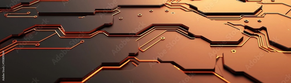 Poster a close-up view of a sleek, modern circuit board with intricate patterns and a metallic finish, show