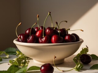 A bowl of fresh cherries with green leaves ready to be enjoyed in a kitchen setting.