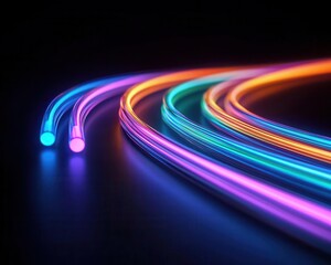 Fiber optic splitters, dynamic light effects, 3D illustration