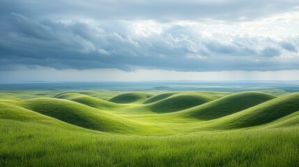 Obraz premium A vast expanse of tundra, with rolling hills covered in soft moss and lichen under a cloudy sky. The sparse beauty of the landscape evokes a sense of isolation and awe 