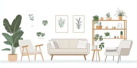 Fototapeta premium Cozy living room with beige sofa, armchairs, wooden shelving unit, and various potted plants.