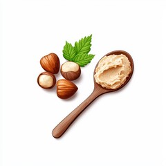 Delicious Hazelnut Spread with Nuts and Leaves on a Wooden Spoon Perfect for Dessert Recipes