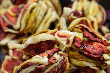 Dried colorful tropical fruits. Sweet fruits in dried form. Close up shot of dried sweet tropical fruits.