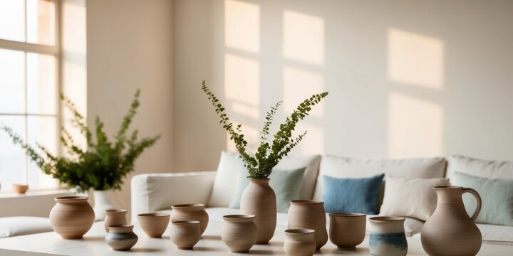 Artisan pottery collection display in natural light home decor.