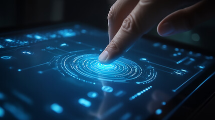 Touch screen interface with a button being pushed by hand, interactive technology, virtual communication, innovative UI